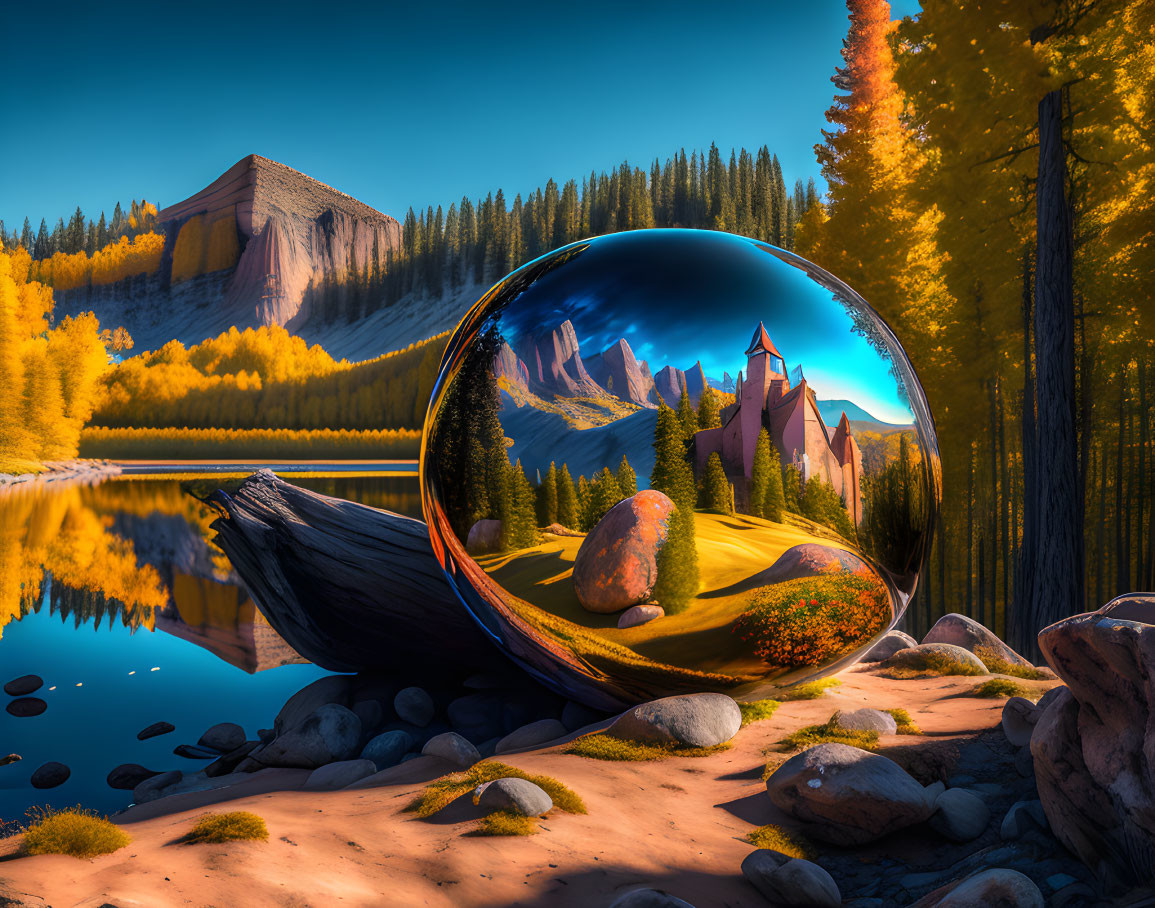 Fantastical landscape with reflective sphere in autumn setting