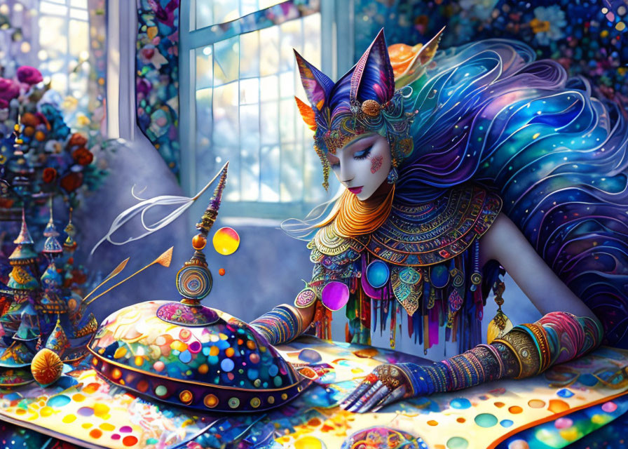 Colorful humanoid cat figure in elaborate attire against mosaic background