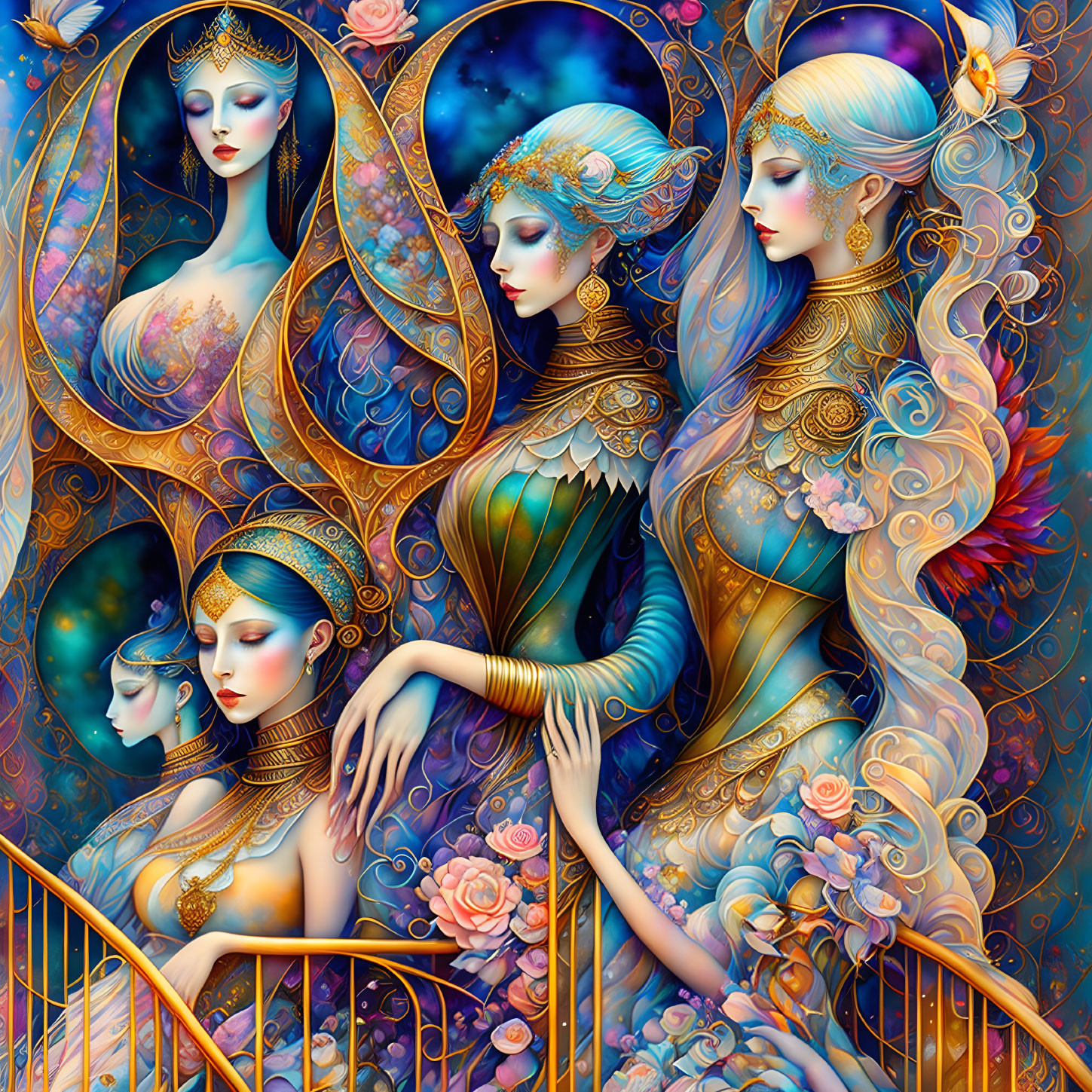 Detailed artwork: Four stylized women with golden headpieces, roses, celestial motifs, and vibrant swirling