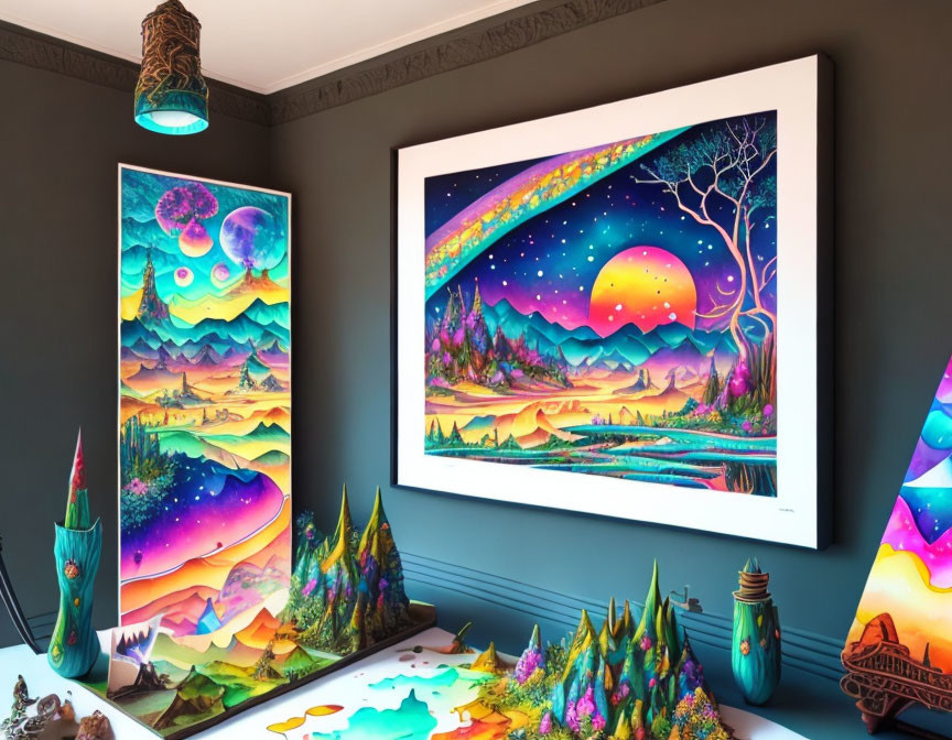 Psychedelic Room with Colorful Art and Sculptures