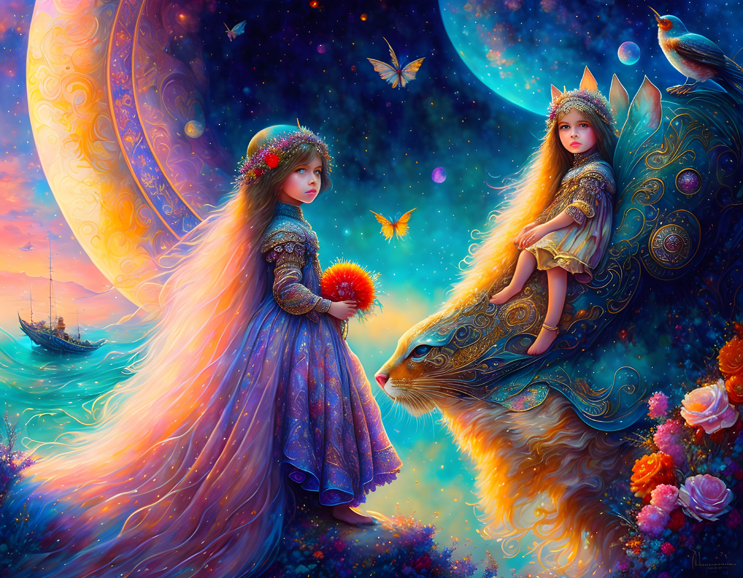 Fantasy artwork: Two girls in celestial dresses with butterflies, bird, flowers, moonscape, and