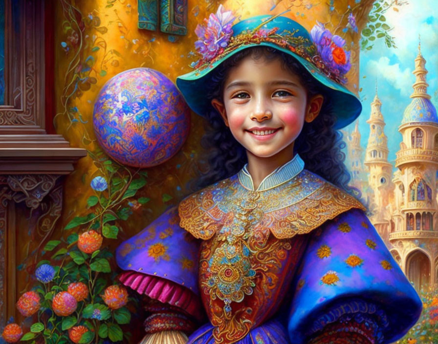 Colorful illustration of smiling girl in blue hat and jacket with patterned ball in front of castle.