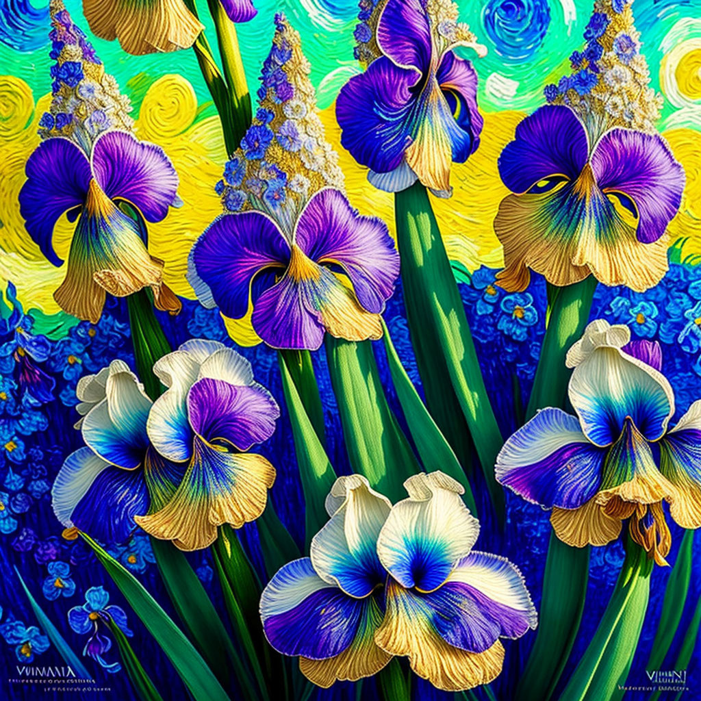 Colorful digital art featuring vibrant irises on a swirling Van Gogh-style background