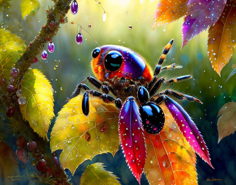 Colorful jumping spider on dewy foliage in digital art