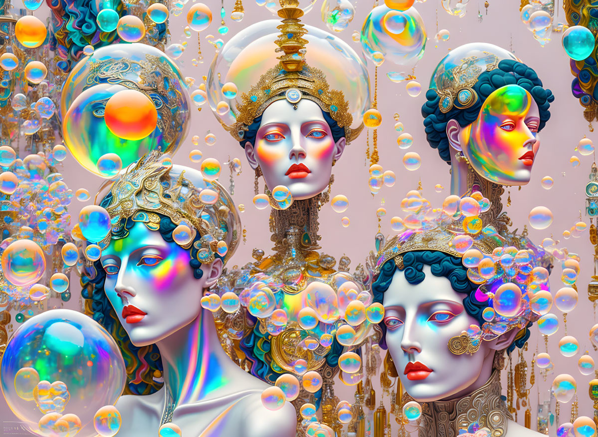 Ethereal female figures with ornate headpieces in vibrant bubble cascade