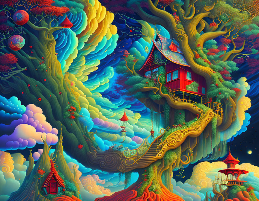 Colorful whimsical treehouse illustration with swirling clouds and floating islands