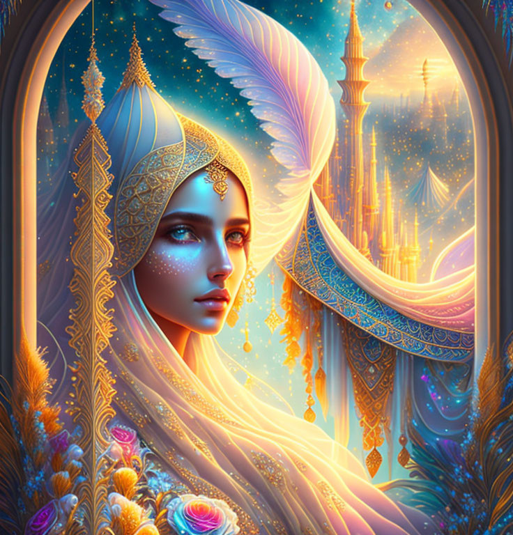 Fantasy illustration of woman with golden headdress near ornate window