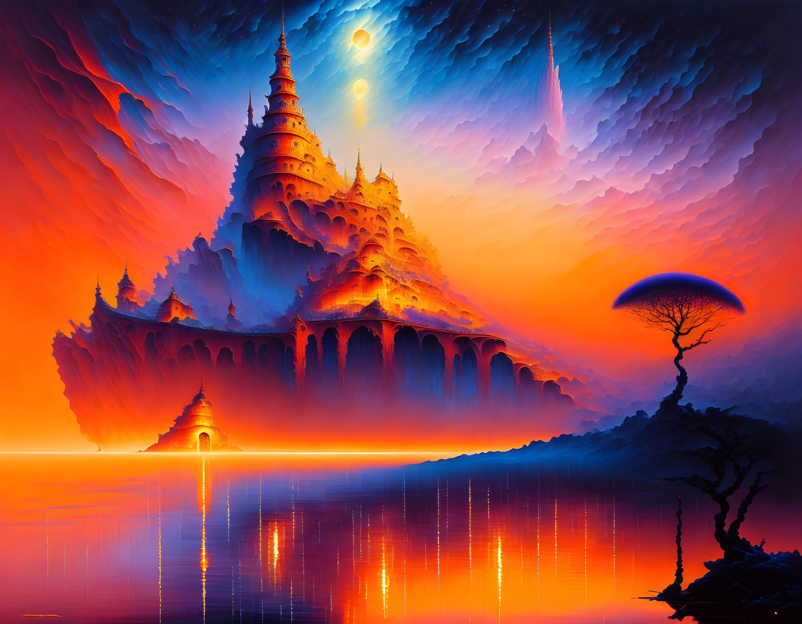 Majestic castle in vibrant fantasy landscape with two moons