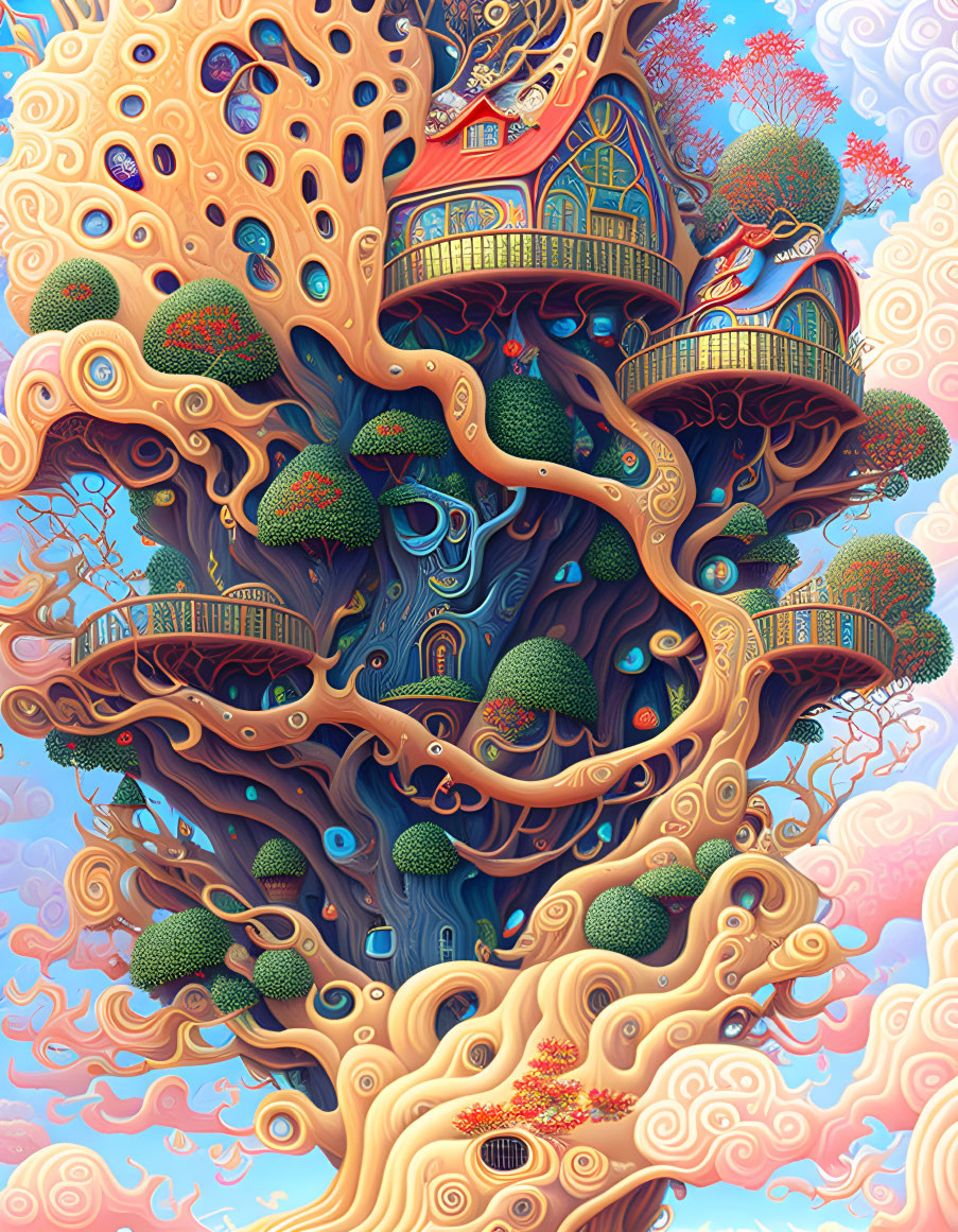 Fantastical tree illustration with intricate branches and vibrant foliage