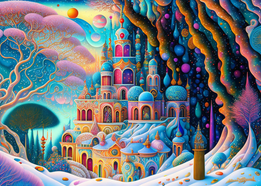 Colorful Castle in Whimsical Landscape with Planets and Sun