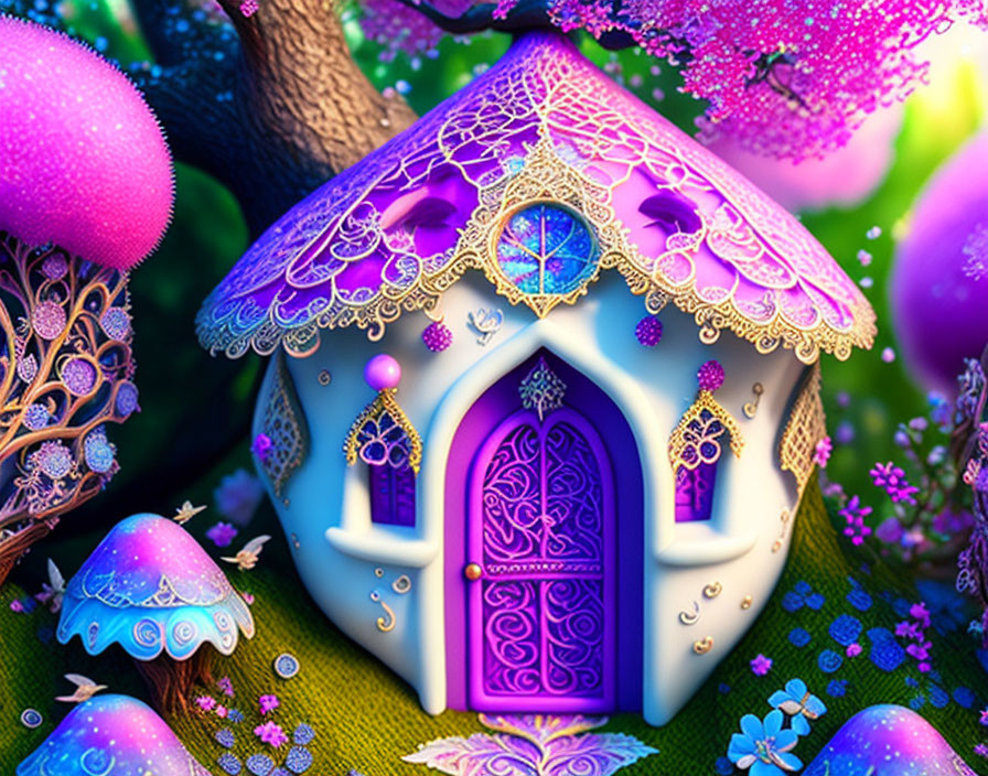 Vibrant fairy tale house with purple details and colorful mushrooms