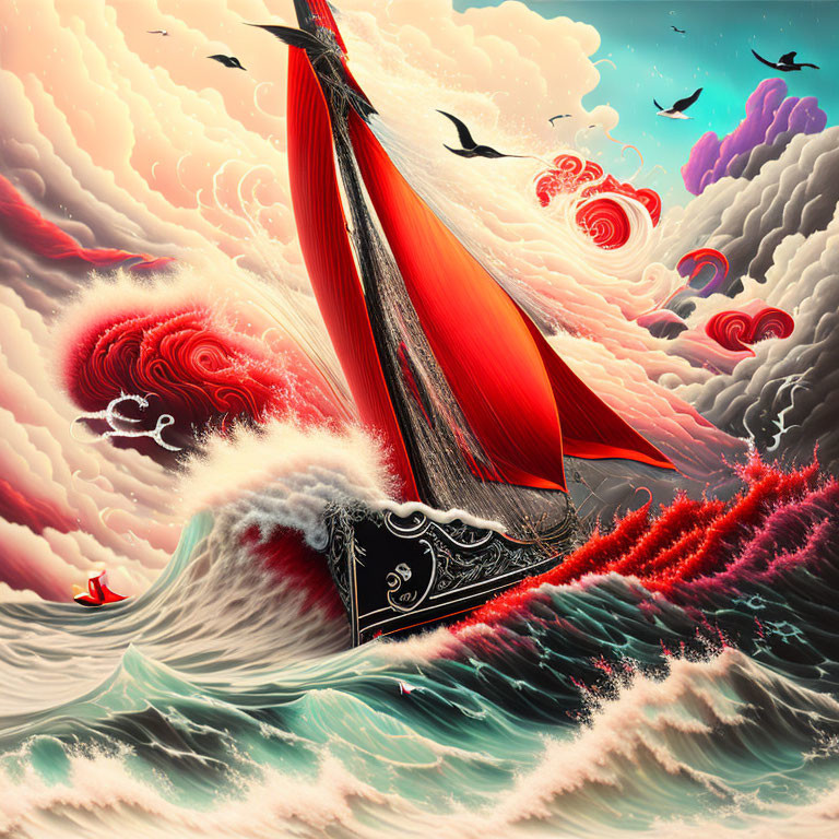 Illustration of Ship with Red Sails Battling Waves and Whimsical Sky