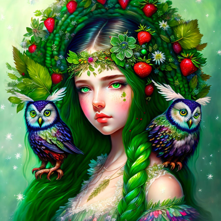 Colorful illustration of woman with green hair, strawberries, leaves, and owls.