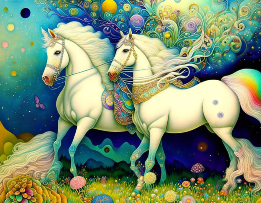 Ornately Adorned White Horses in Vibrant Fantasy Landscape