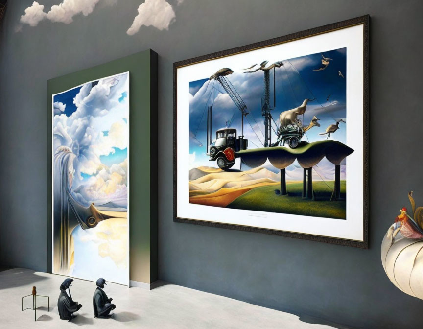 Surreal art gallery room with unconventional landscape painting