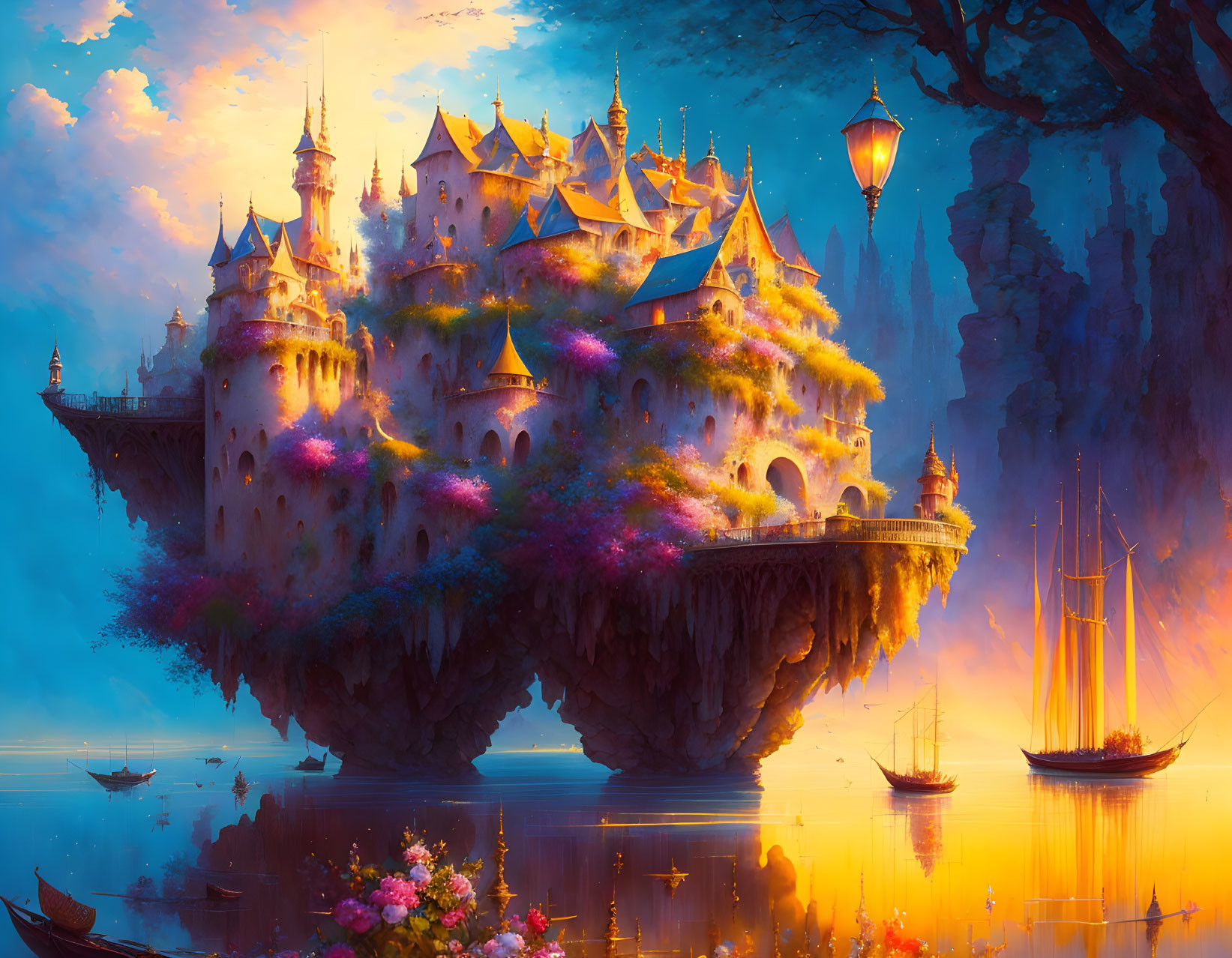Fantastical floating castle at sunset with vibrant flora and boats on calm waters in dream-like scene.