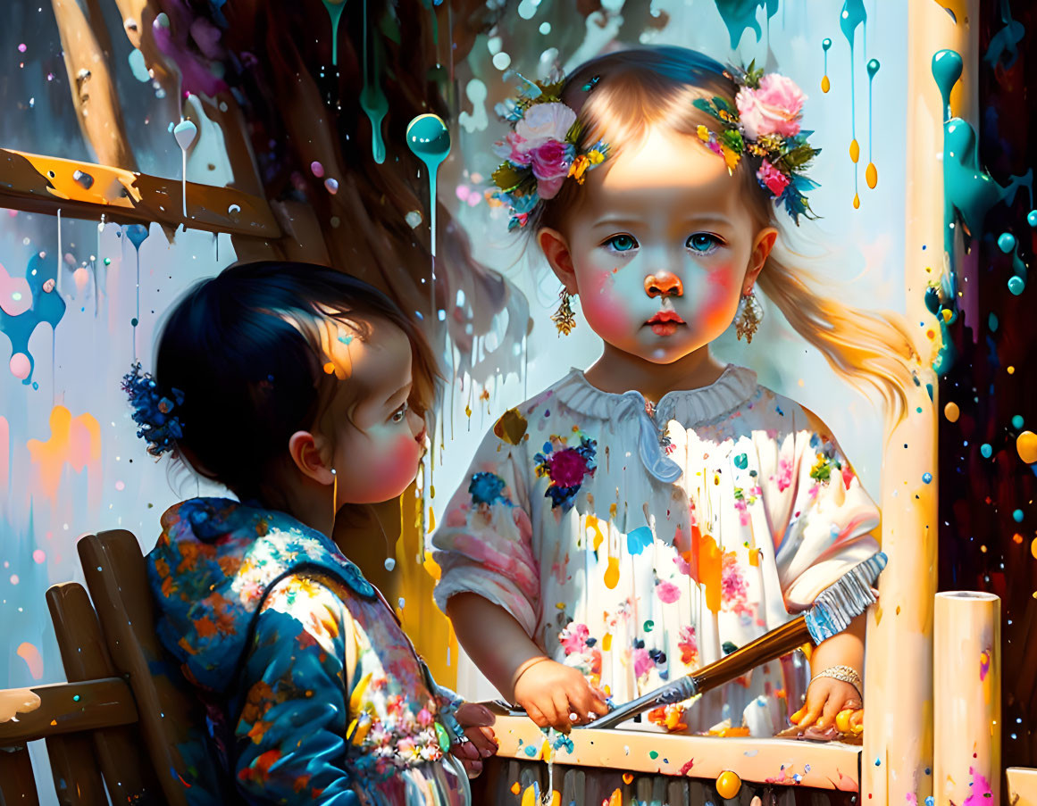 Colorful digital artwork: Two children painting in whimsical setting