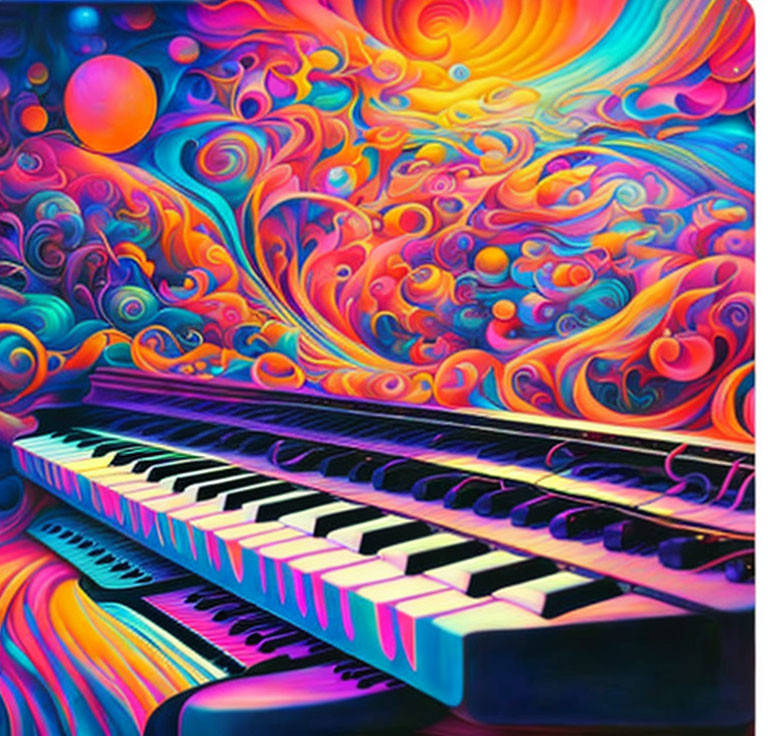 Colorful psychedelic keyboard art with swirling patterns and vibrant hues