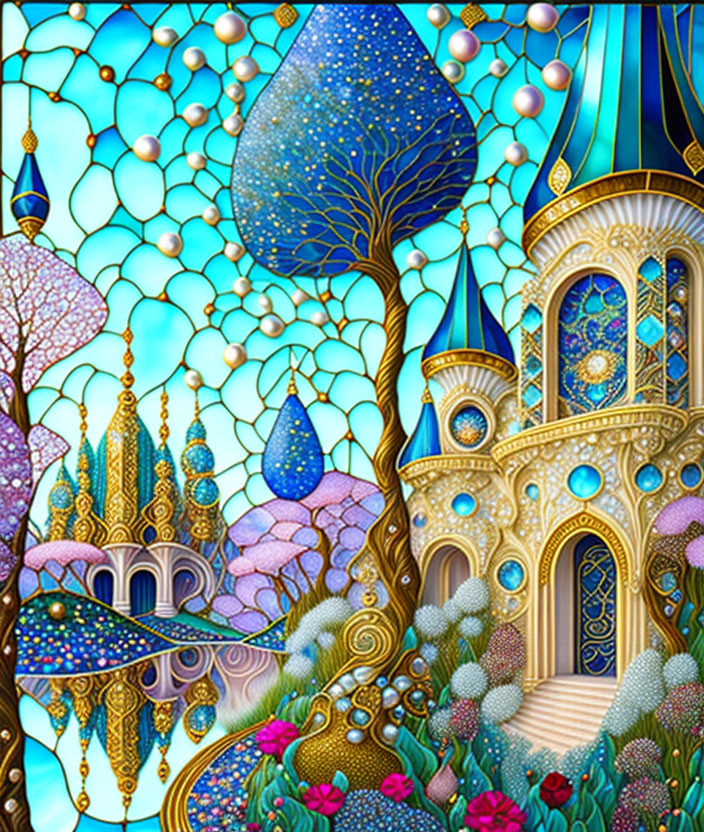 Colorful fantasy art with whimsical domed structures and ornate trees.