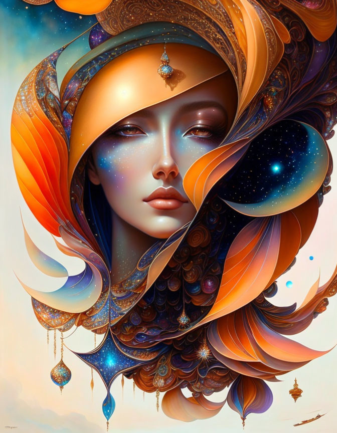 Cosmic-themed digital artwork of a woman with ornate headdress