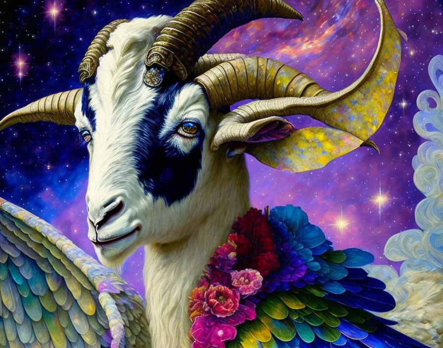 Mythical creature with goat head, floral adornments, bird wings, starry night sky