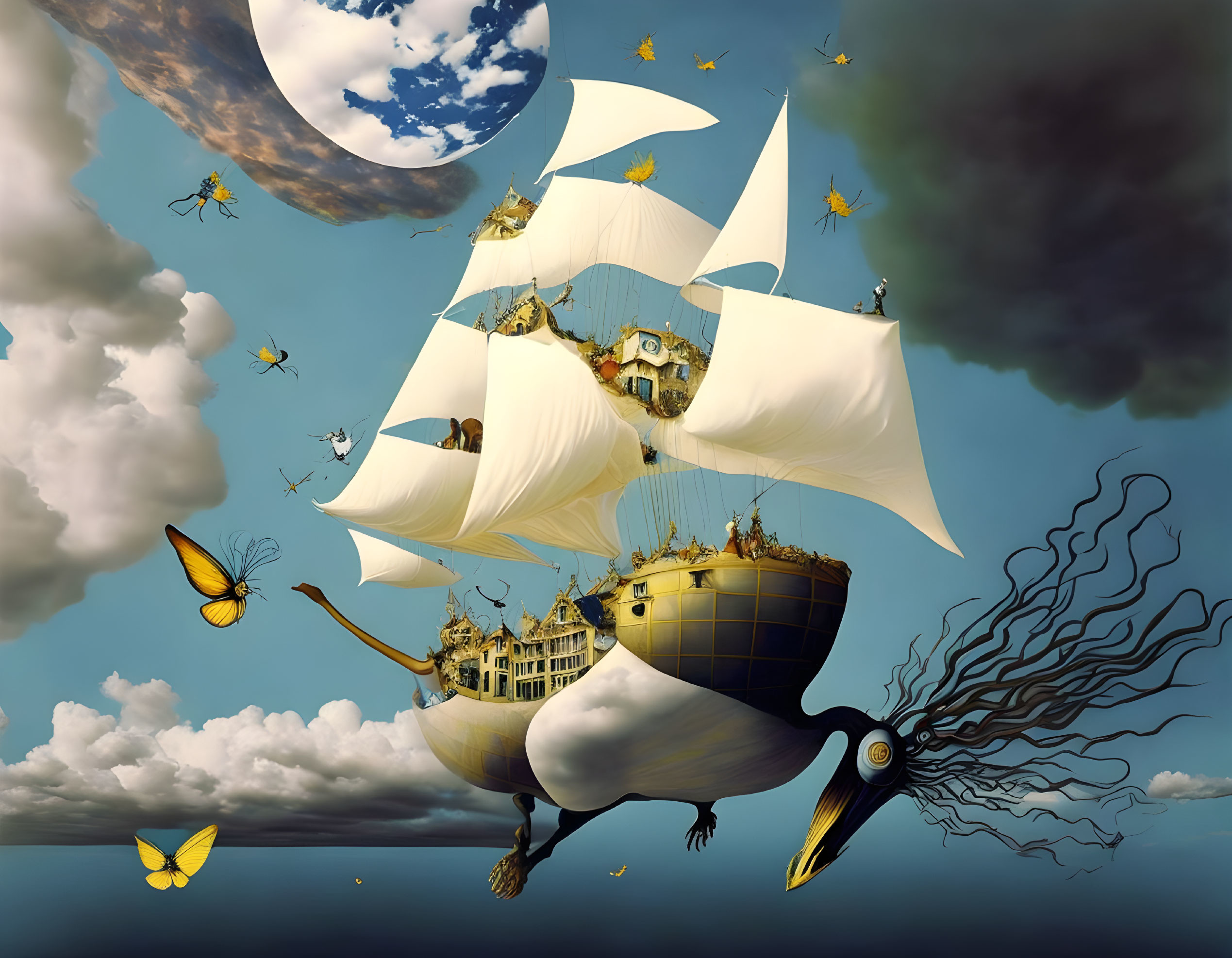 Fantastical flying ship with bird features and floating houses under cloudy sky surrounded by butterflies.