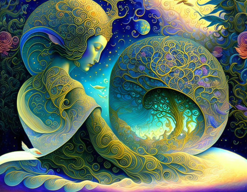 Colorful artwork: Stylized woman embraces peacock in cosmic setting