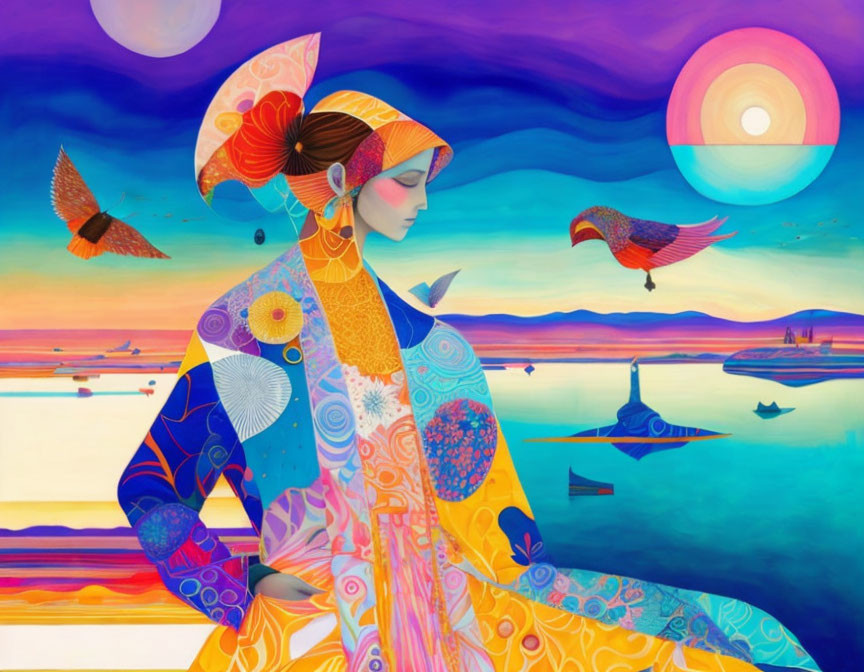 Colorful Artwork: Stylized Woman in Kimono with Seascape and Orbs