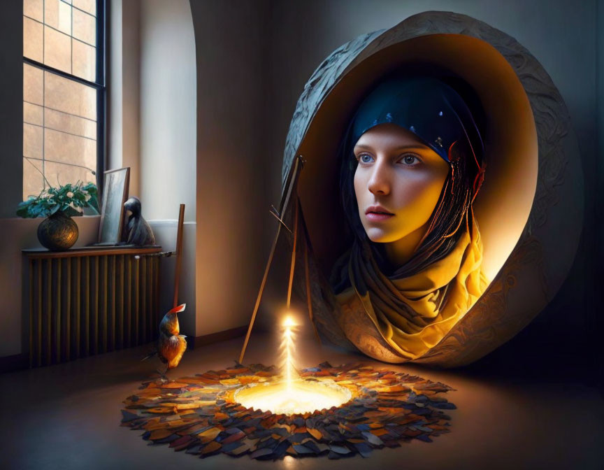 Woman with headscarf and bird in dimly lit room with window and mosaic floor.