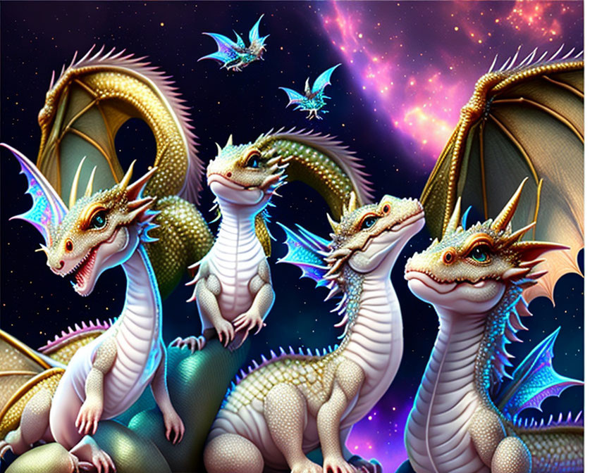 Colorful Dragon Artwork: Friendly dragons with vibrant scales under a starry sky