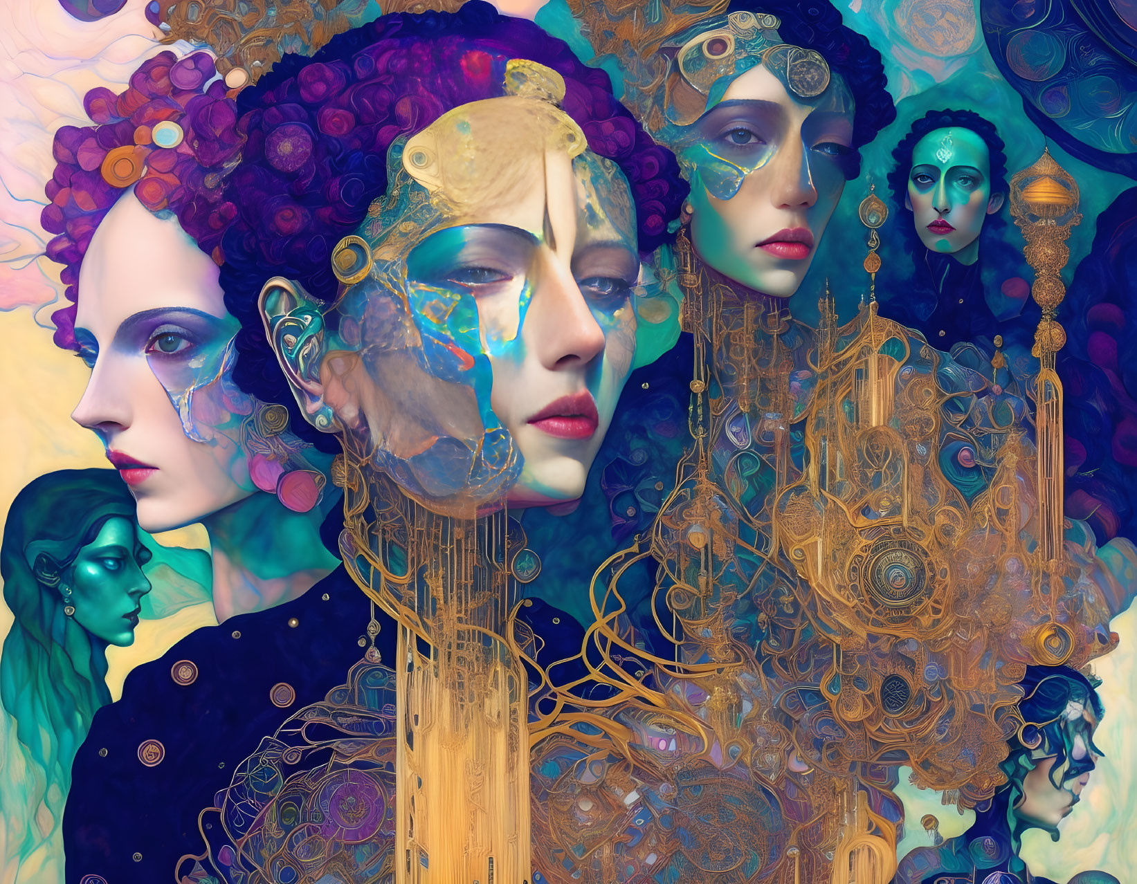 Vibrant surreal artwork with stylized female faces and mechanical elements