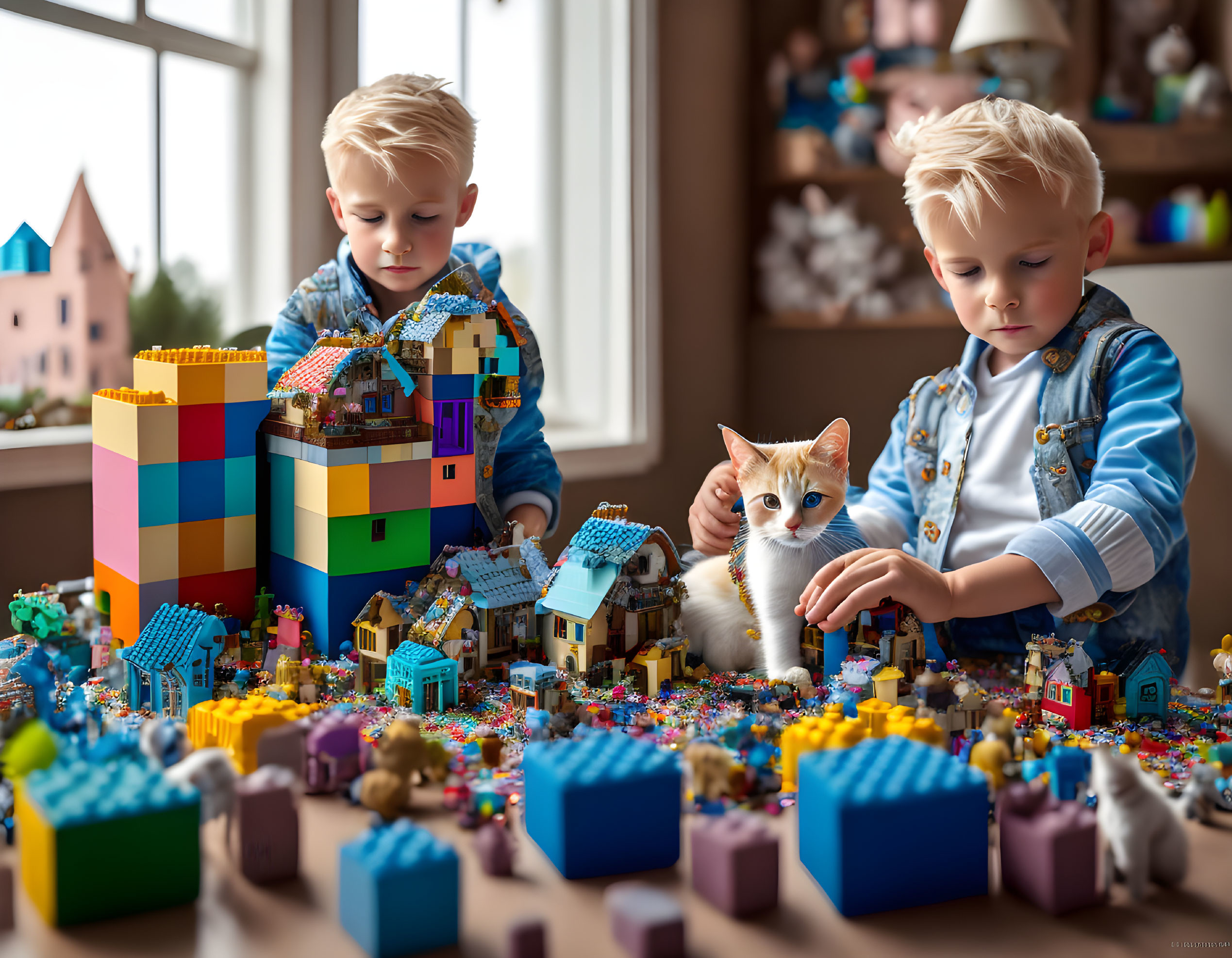 Children and cat playing with colorful building blocks and miniature houses.