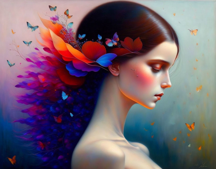 Colorful Feather-Like Leaves and Butterflies Adorn Serene Woman