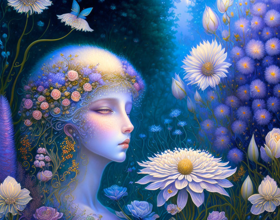 Illustration of woman with floral hair in mystical blue and purple environment.