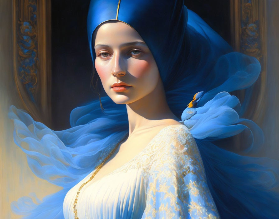 Woman in flowing blue garments with headscarf, gazing serenely, bluebird perched