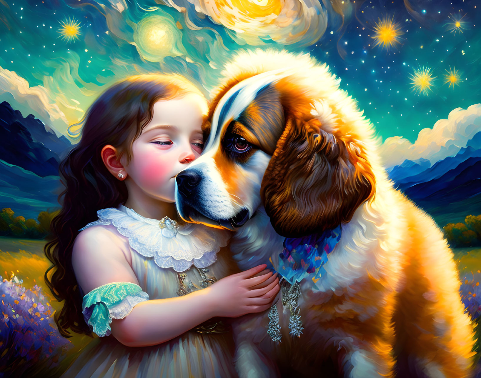 Young girl cuddles fluffy dog under starry sky with celestial bodies