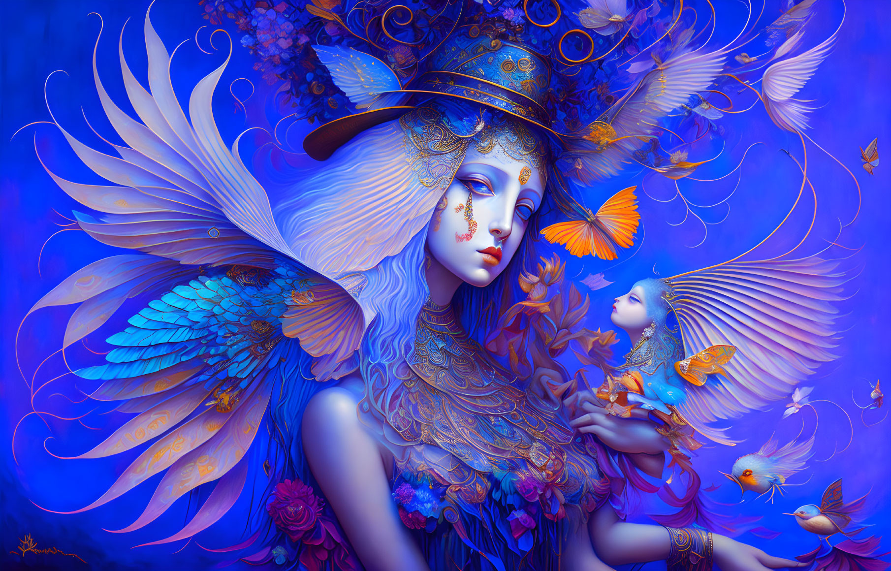 Ethereal figure with bird-like wings in vibrant nature scene