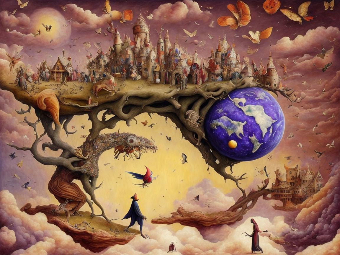 Surreal painting: Giant tree with city, earth sphere, creatures, and figures in robes