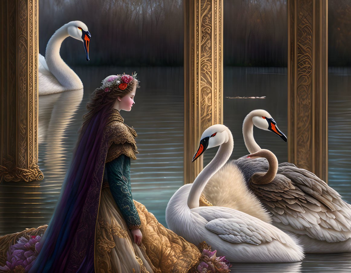 Regal woman with floral crown observing swans by reflective pond