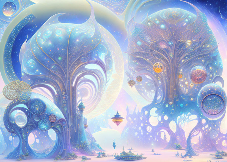 Fantasy Landscape with Glowing Trees and Floating Orbs in Pastel Sky