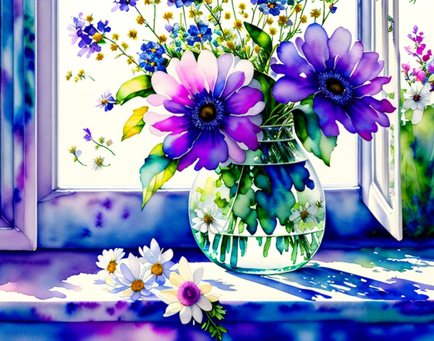 Colorful Watercolor Painting of Flowers in Vase on Windowsill