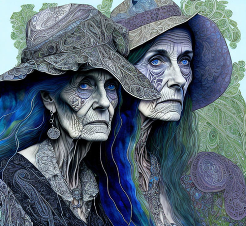 Stylized elderly women with blue patterns and elaborate hats gaze intently