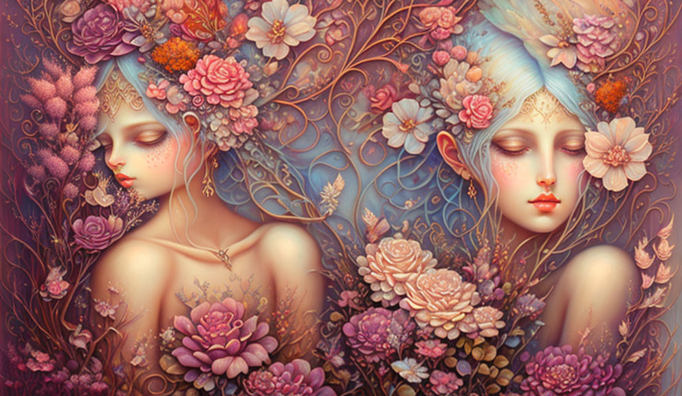 Ethereal figures with floral adornments in vibrant, magical setting