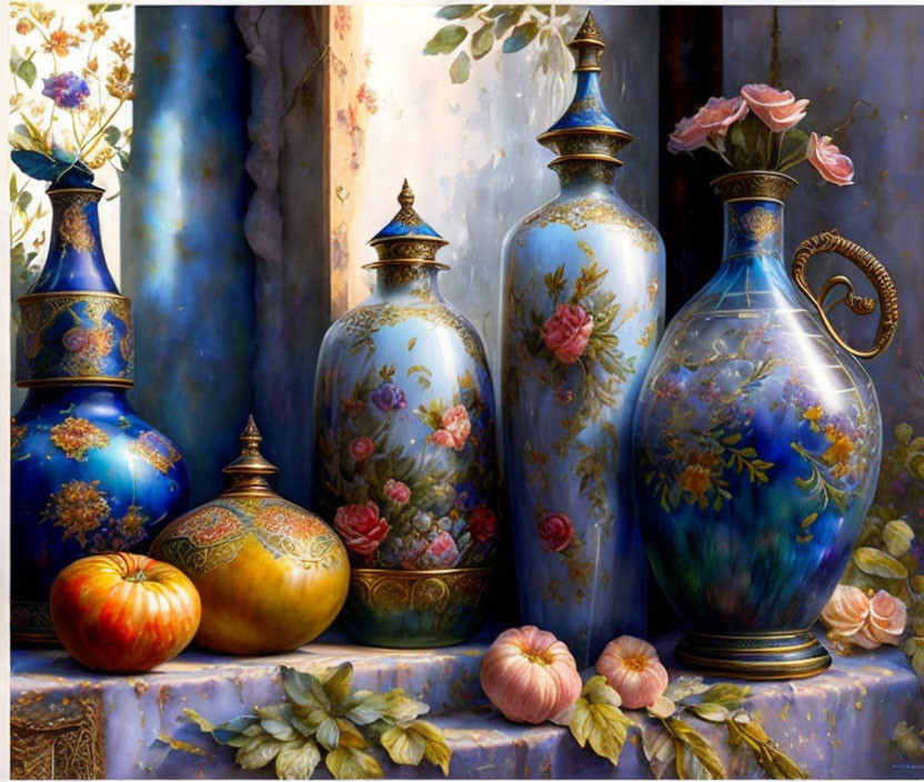 Ornate ceramic vases, golden pumpkin, and lush foliage in still life painting