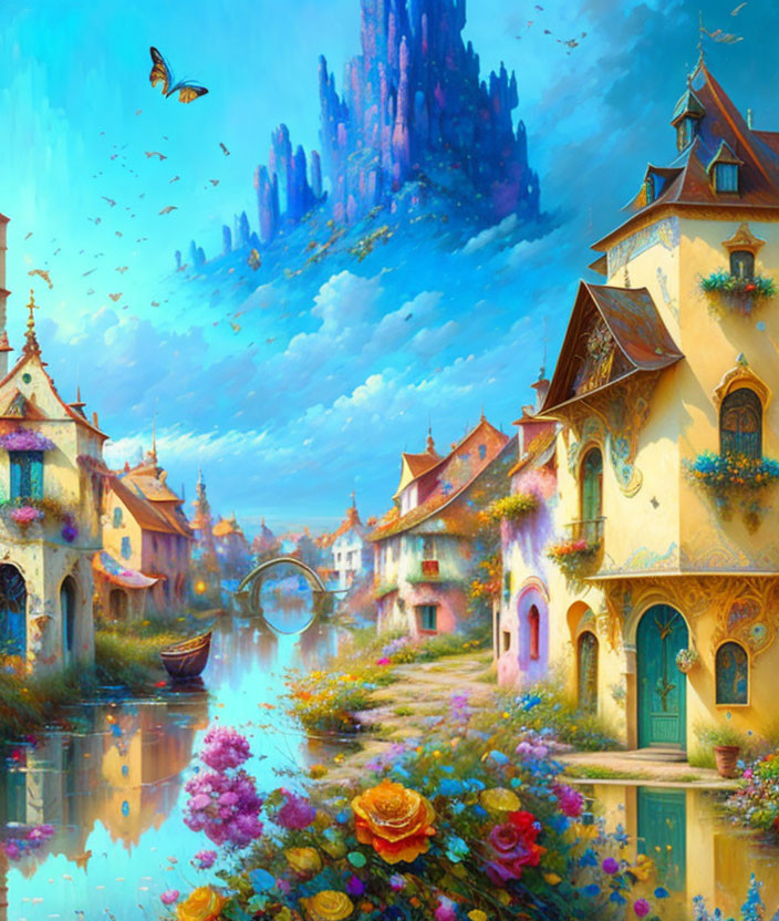 Colorful Fantasy Art: Whimsical Village, Rose Blooms, Butterfly, & Magical Castle