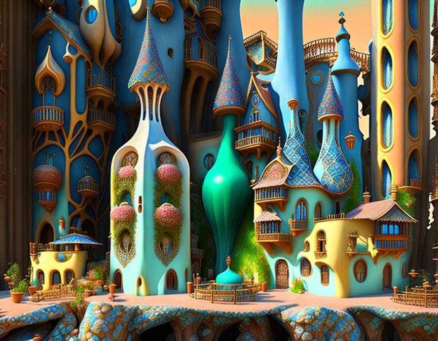 Vibrant, whimsical cityscape with colorful, curvy buildings and ornate towers