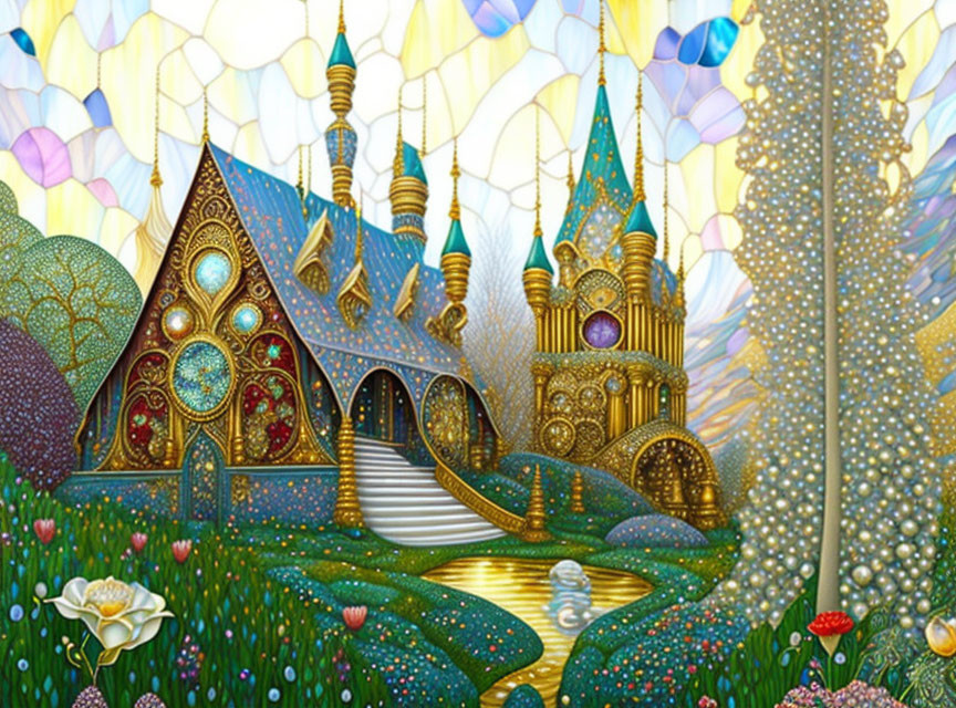 Whimsical castle in colorful, fantastical landscape