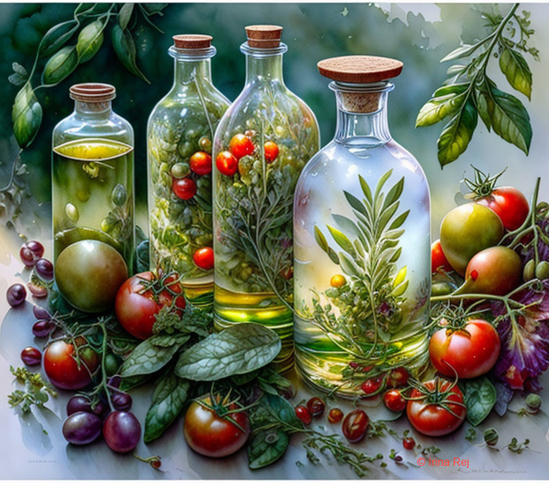 Glass Bottles Filled with Oil, Herbs, Berries, and Tomatoes on Reflective