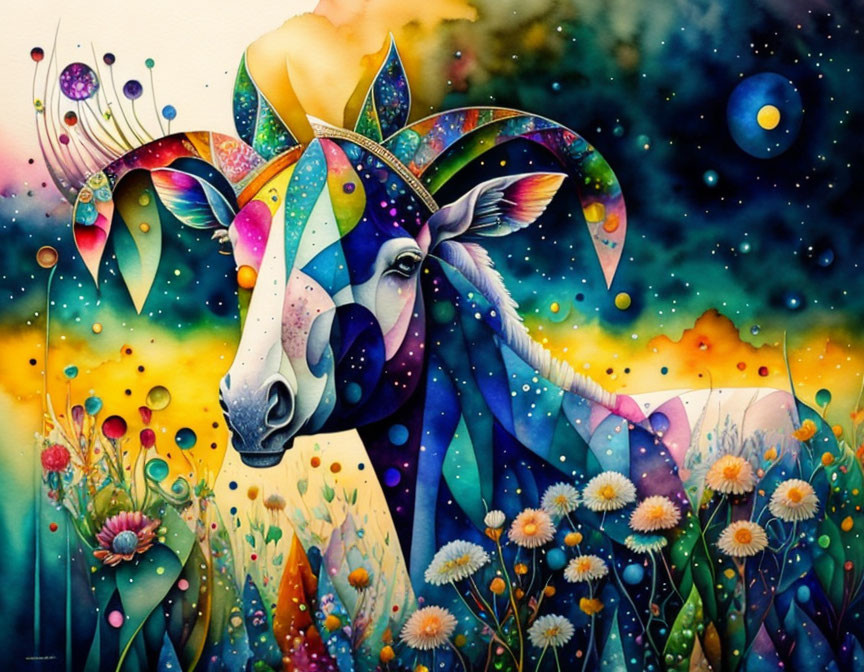 Colorful Whimsical Horse Painting with Starry Patterns in Floral Landscape