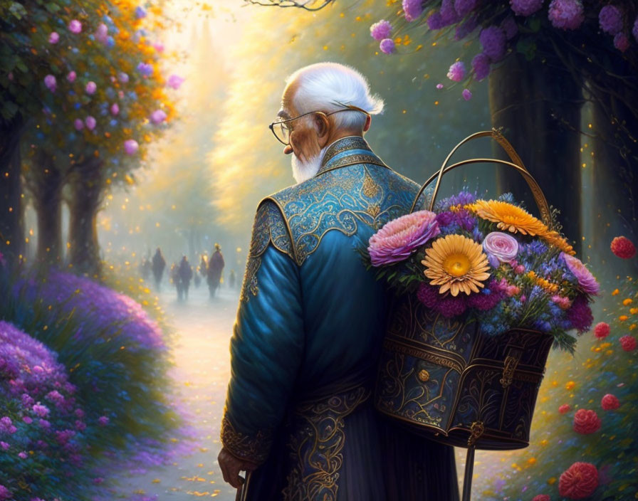 Elderly man with white beard and glasses carrying vibrant flowers on tree-lined path